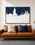 Alabama Gulf Coast canvas map — two-pillow black-frame sofa interior