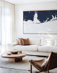 Alabama Gulf Coast navy horizontal canvas map in an oak framed room scene