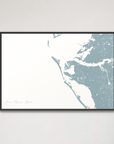 Anna Maria Island Coastal Map — Canvas Horizontal, soft-blue, Black Frame