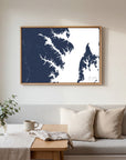 Annapolis navy horizontal canvas map in an oak framed room scene