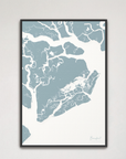 Beaufort / Sea Islands Coastal Map — Canvas Vertical, soft-blue, Black Frame