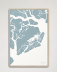 Beaufort / Sea Islands Coastal Map — Canvas Vertical, soft-blue, Natural Oak
