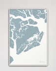 Beaufort / Sea Islands Coastal Map — Canvas Vertical, soft-blue, White Frame