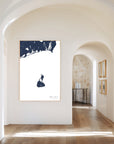 Block Island navy vertical canvas map in the Bello mixed room scene