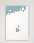 Block Island Coastal Map — Canvas Vertical, soft-blue, White Frame