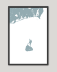 Block Island Coastal Map — Fine Art Print Vertical, soft-blue, Black Frame, 8x10