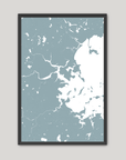 Boston Coastal Map — Fine Art Print Vertical, soft-blue, Black Frame, 8x10