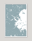 Boston Coastal Map — Fine Art Print Vertical, soft-blue, White Frame, 8x10