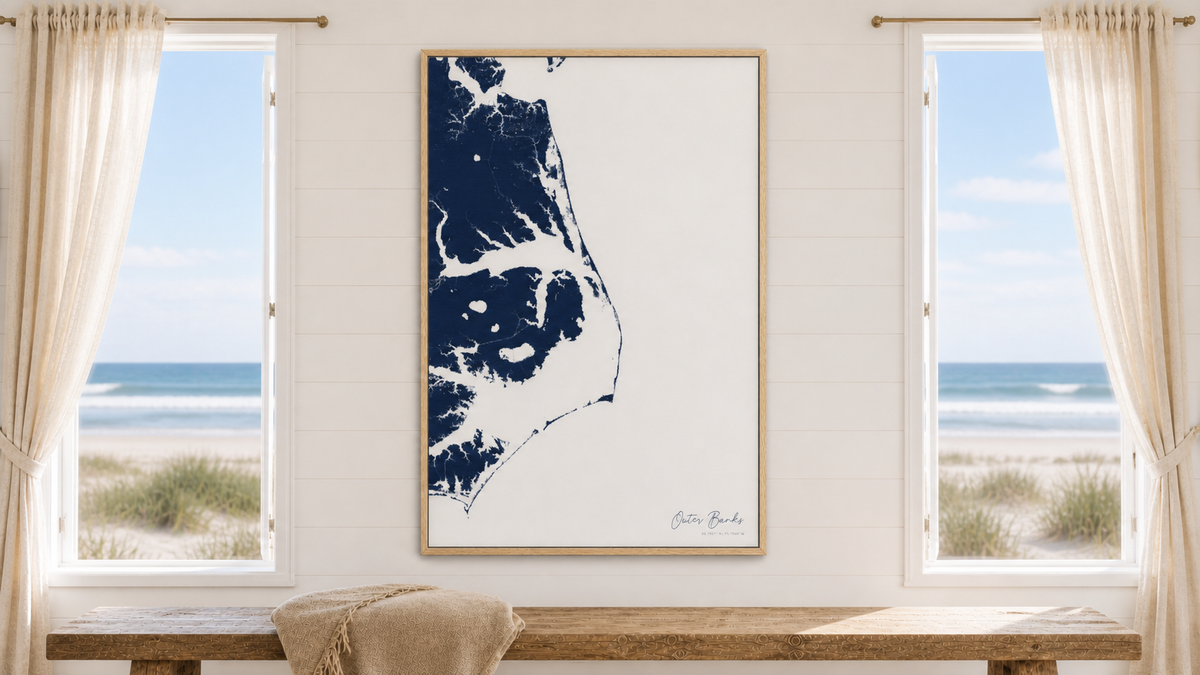 Vertical Navy Outer Banks canvas map centered between two coastal windows