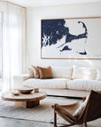 Cape Cod navy horizontal canvas map in an oak framed room scene
