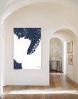 Cape May navy vertical canvas map in the Bello mixed room scene