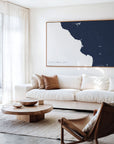Central California Coast navy horizontal canvas map in an oak framed room scene