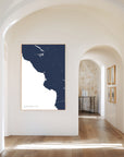 Central California Coast navy vertical canvas map in the Bello mixed room scene