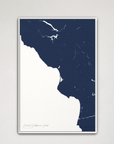 Central California Coast Coastal Map — Canvas Vertical, navy, White Frame