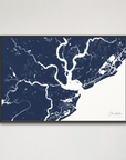 Charleston Coastal Map — Canvas Horizontal, navy, Black Frame