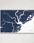 Charleston Coastal Map — Canvas Horizontal, navy, White Frame
