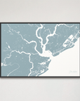 Charleston Coastal Map — Canvas Horizontal, soft-blue, Black Frame