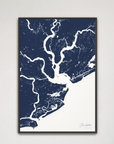 Charleston Coastal Map — Canvas Vertical, navy, Black Frame