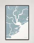 Charleston Coastal Map — Canvas Vertical, soft-blue, Black Frame
