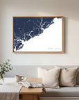 Charleston Lowcountry navy horizontal canvas map in an oak framed room scene
