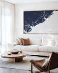 Charleston Lowcountry navy horizontal canvas map in an oak framed room scene