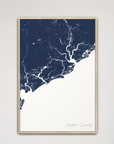 Charleston / Lowcountry Coastal Map — Canvas Vertical, navy, Natural Oak