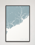 Charleston / Lowcountry Coastal Map — Canvas Vertical, soft-blue, Black Frame