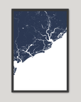 Charleston / Lowcountry Coastal Map — Fine Art Print Vertical, navy, Black Frame, 12x16