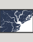 Charleston Coastal Map — Fine Art Print Horizontal, navy, Black Frame, 10x8