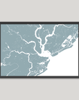 Charleston Coastal Map — Fine Art Print Horizontal, soft-blue, Black Frame, 10x8