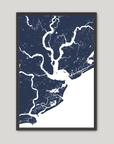 Charleston Coastal Map — Fine Art Print Vertical, navy, Black Frame, 12x16
