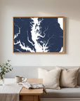 Chesapeake Bay navy horizontal canvas map in an oak framed room scene