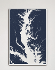 Chesapeake Bay / Maryland Coastal Map — Canvas Vertical, navy, White Frame, 16x24