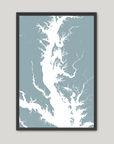 Chesapeake Bay / Maryland Coastal Map — Fine Art Print Vertical, soft-blue, Black Frame, 8x10