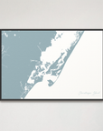 Chincoteague Island Coastal Map — Canvas Horizontal, soft-blue, Black Frame