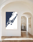 Chincoteague Island navy vertical canvas map in the Bello mixed room scene