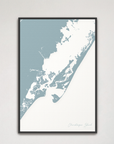 Chincoteague Island Coastal Map — Canvas Vertical, soft-blue, Black Frame