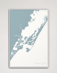 Chincoteague Island Coastal Map — Canvas Vertical, soft-blue, White Frame