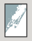 Chincoteague Island Coastal Map — Fine Art Print Vertical, soft-blue, Black Frame, 8x10