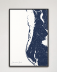 Clearwater Beach Coastal Map — Canvas Vertical, navy, Black Frame