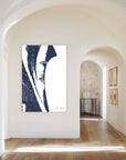 Cocoa Beach navy vertical canvas map in the Bello mixed room scene