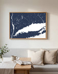 Connecticut Coast navy horizontal canvas map in an oak framed room scene
