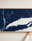 Connecticut Coast canvas map — hands holding the canvas in an oak frame