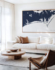 Crystal Coast navy horizontal canvas map in an oak framed room scene