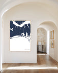 Crystal Coast navy vertical canvas map in the Bello mixed room scene