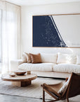 Daytona Beach navy horizontal canvas map in an oak framed room scene