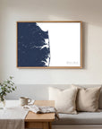 Delaware Beaches navy horizontal canvas map in an oak framed room scene