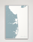 Delaware Beaches Coastal Map — Canvas Vertical, soft-blue, White Frame