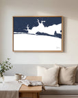 Destin navy horizontal canvas map in an oak framed room scene