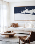 Destin navy horizontal canvas map in an oak framed room scene
